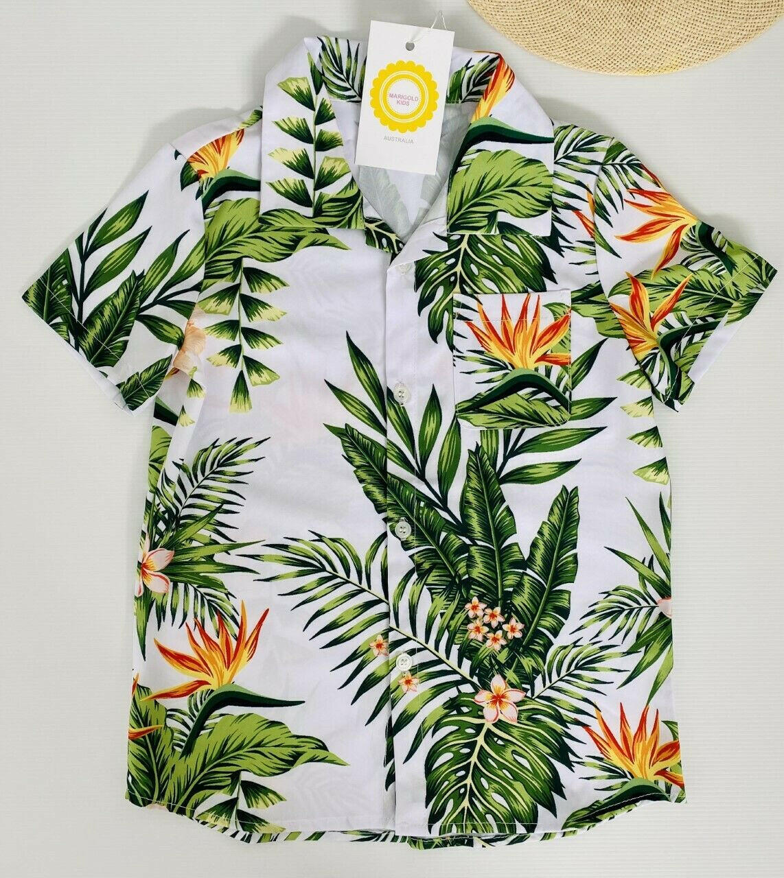 4-5 years new boys shirt green palm & tropical flower print shirt - MARIGOLD 