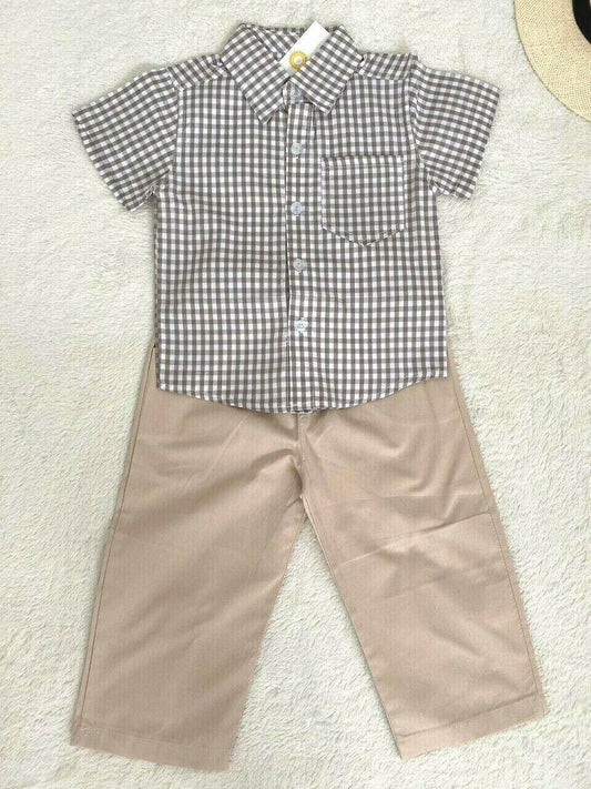 NEW Size 12 months Size 1 Toddler Boys Cute Brown Check Shirt & Beige Pants Set - MARIGOLD 