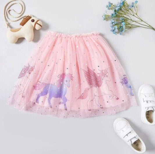 Girls Pink Unicorn Silver Star and Moon Tulle Skirt - MARIGOLD 