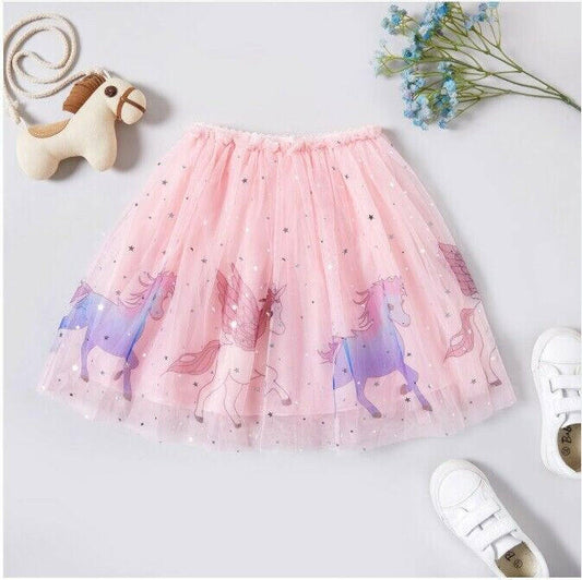 Girls Pink Unicorn Silver Star and Moon Tulle Skirt - MARIGOLD 