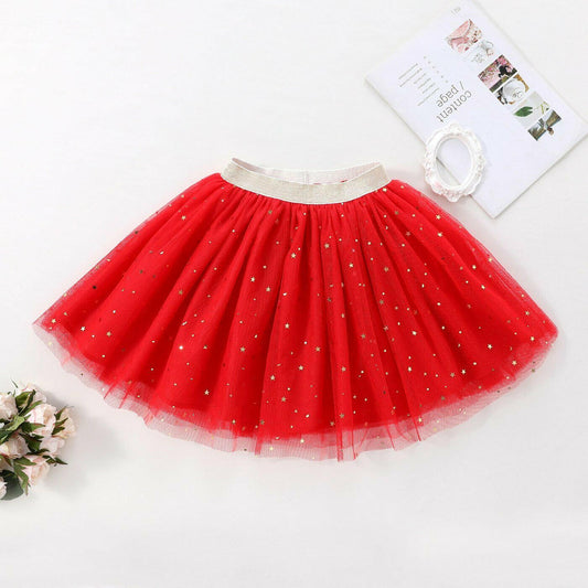 Gold Star and Moon Sprinkle Red Tulle Girls Skirt - MARIGOLD 