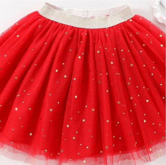 Gold Star and Moon Sprinkle Red Tulle Girls Skirt - MARIGOLD 