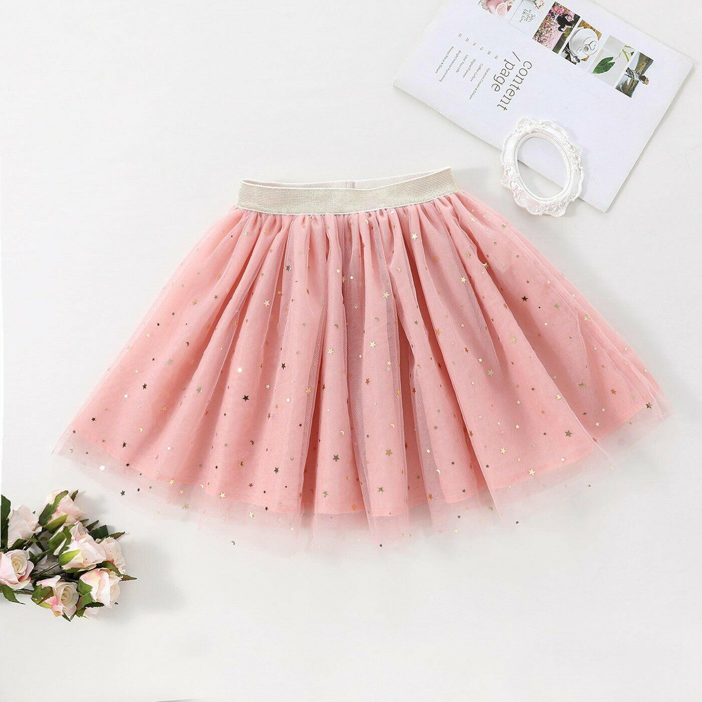 New Gold Star & Moon Sprinkle Pink Tulle Skirt Girls Pink Tulle Skirt - MARIGOLD 