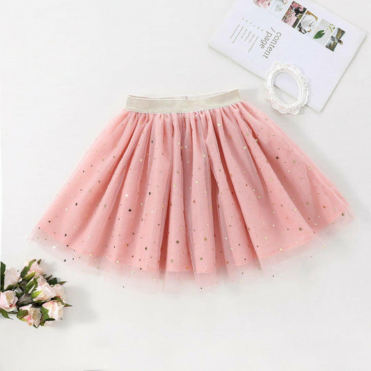 New Gold Star & Moon Sprinkle Pink Tulle Skirt Girls Pink Tulle Skirt - MARIGOLD 
