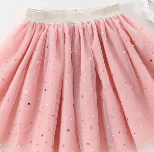 New Gold Star & Moon Sprinkle Pink Tulle Skirt Girls Pink Tulle Skirt - MARIGOLD 