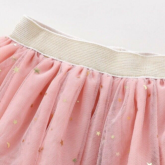 New Gold Star & Moon Sprinkle Pink Tulle Skirt Girls Pink Tulle Skirt - MARIGOLD 
