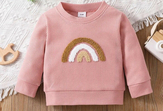 Baby and Toddler Girls Blush Pink Waffle Rainbow Long Sleeve Top - MARIGOLD 