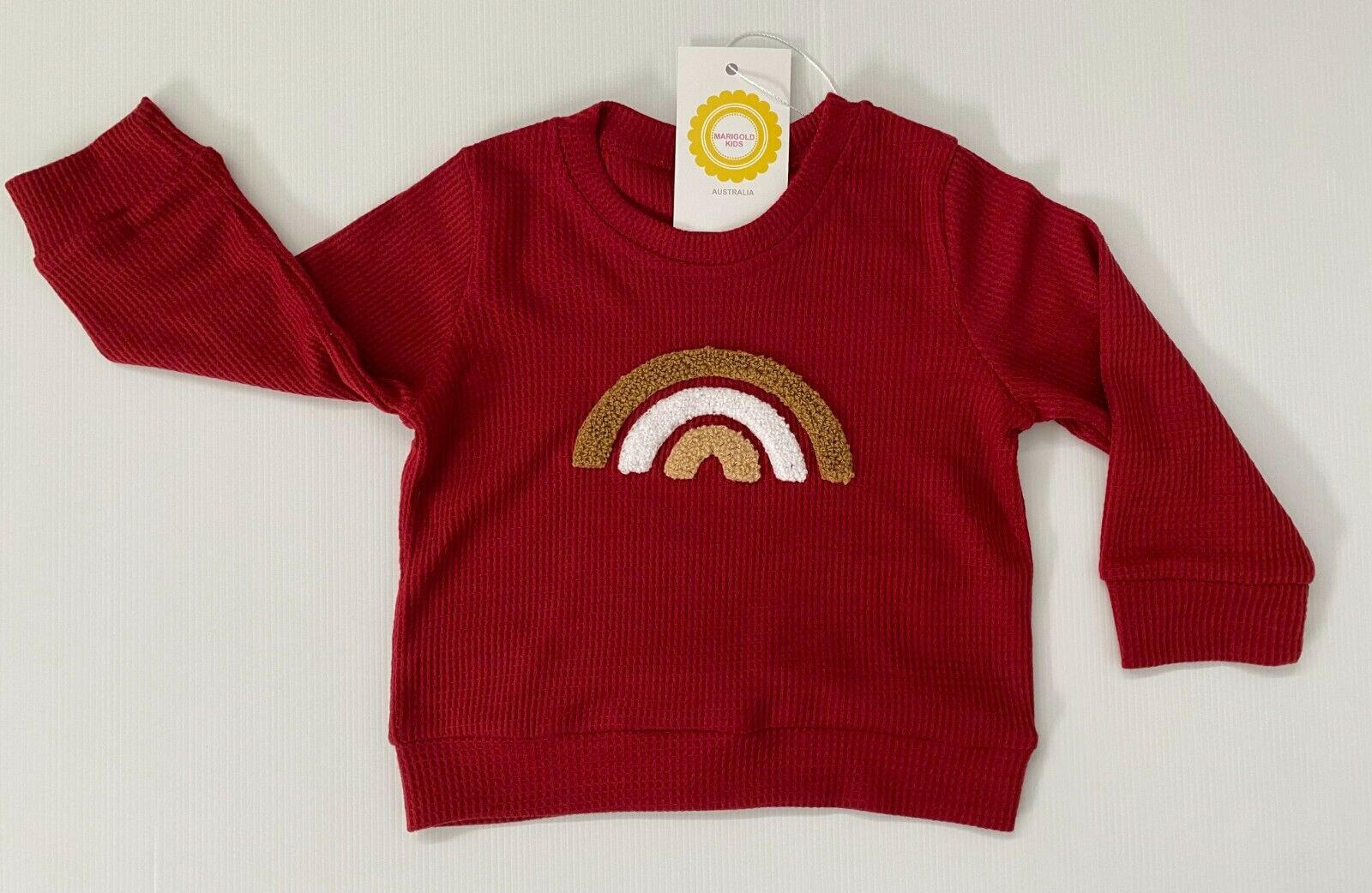 Baby boys' burgundy waffle knit rainbow long-sleeve top - MARIGOLD 