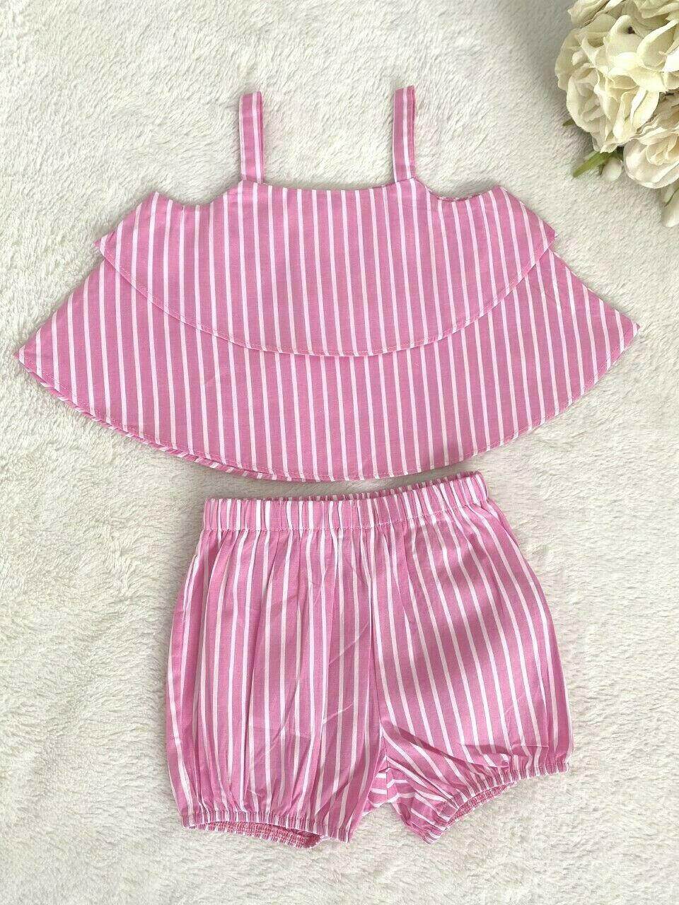 size 9-12 months new baby girls outfit pink stripe ruffle top and shorts set - MARIGOLD 