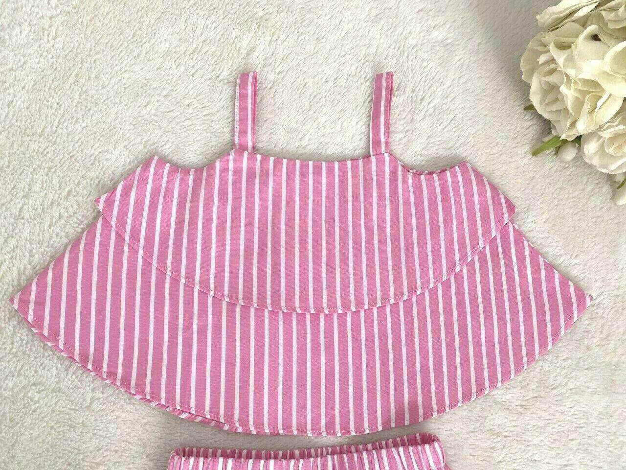 size 9-12 months new baby girls outfit pink stripe ruffle top and shorts set - MARIGOLD 