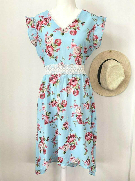 Size 10 AU New Womens Dress Light Blue Pink Floral High-Low Flutter Sleeve Dress - MARIGOLD 