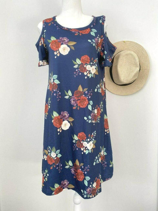 size 10 AUS new womens dress navy blue floral cold shoulder womens dress - MARIGOLD 