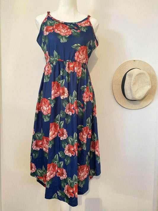 size 12 AUS new womens dress dark blue pink floral round hem womens tank dress - MARIGOLD 