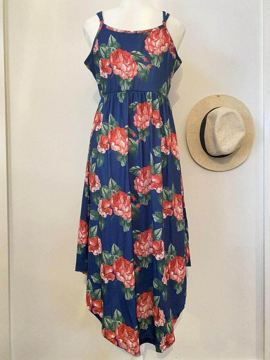 size 12 AUS new womens dress dark blue pink floral round hem womens tank dress - MARIGOLD 