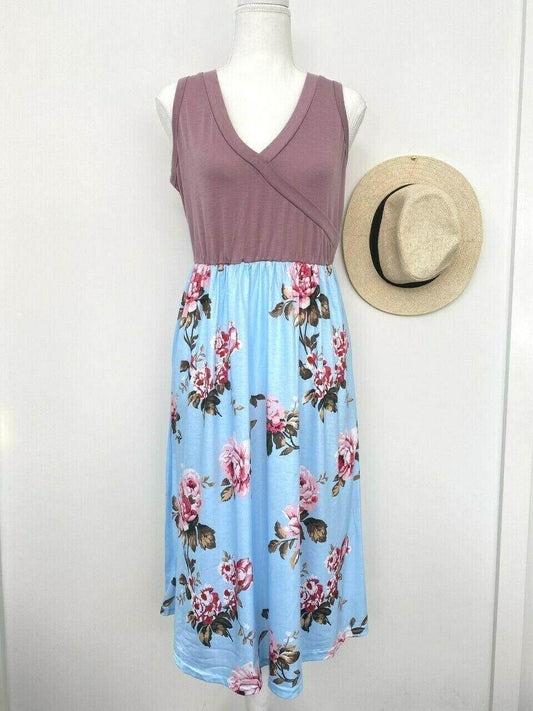 size 12 AUS new womens dress mauve & blue floral v-neck womens dress - MARIGOLD 