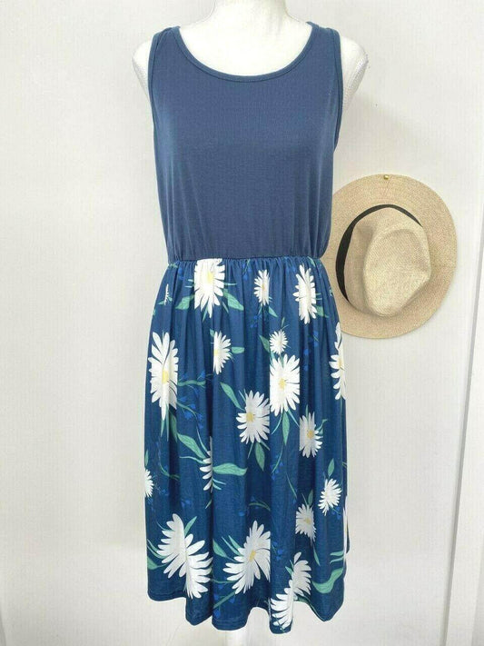 size 12 AUS new womens dress navy blue white daisy floral tank dress - MARIGOLD 