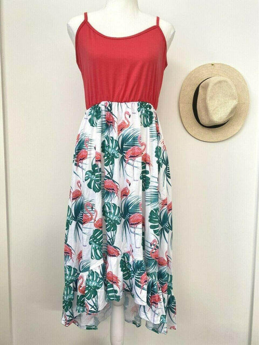 size 12 AUS new womens dress red pink flamingo & palms ruffle high-low dress - MARIGOLD 
