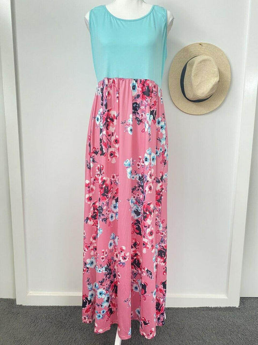 size 12 AUS Tall Size new womens dress light blue & pink floral tank dress - MARIGOLD 