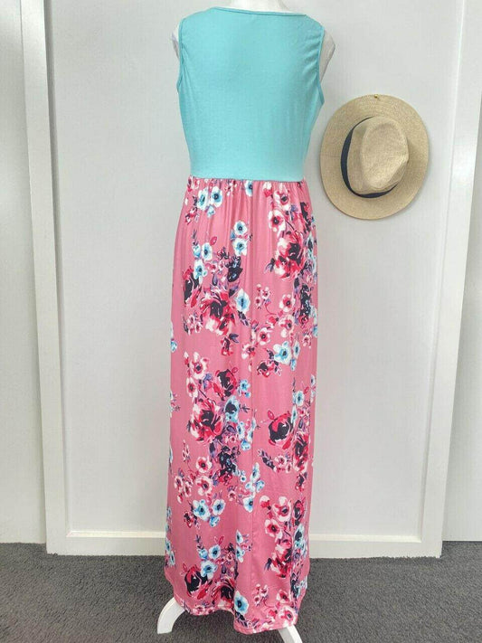 size 12 AUS Tall Size new womens dress light blue & pink floral tank dress - MARIGOLD 