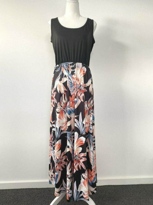 Women's Black Floral Hibiscus Palms Print Tank Maxi Dress - Size 10 AUS - MARIGOLD 