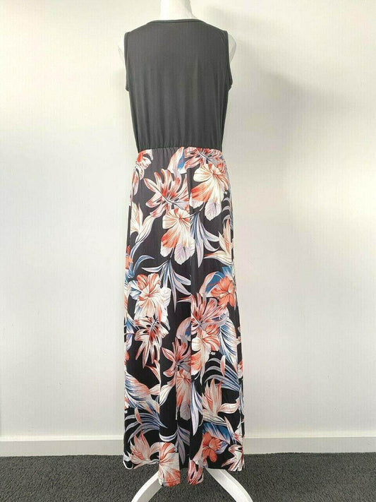 Women's Black Floral Hibiscus Palms Print Tank Maxi Dress - Size 10 AUS - MARIGOLD 